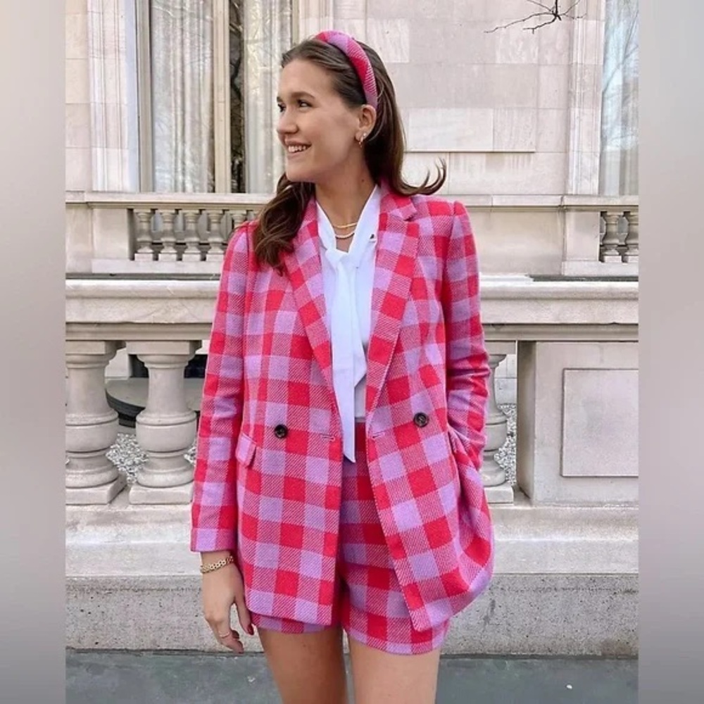 Ann Taylor Vibrant Pink Checkered Blazer